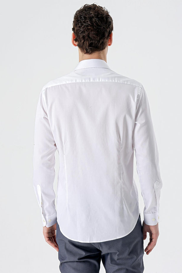 Long Sleeve Hard Collar Pocketless Slim Fit Cotton Shirt 1004235424