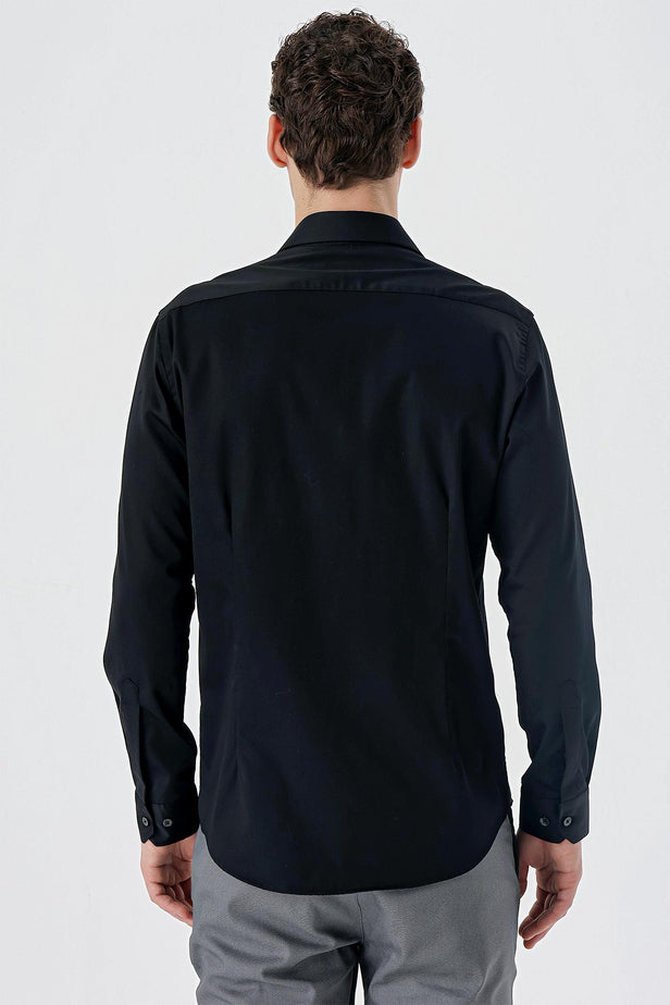 Long Sleeve Hard Collar Pocketless Slim Fit Cotton Shirt 1004235424