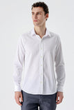 Long Sleeve Hard Collar Pocketless Slim Fit Cotton Shirt 1004235424